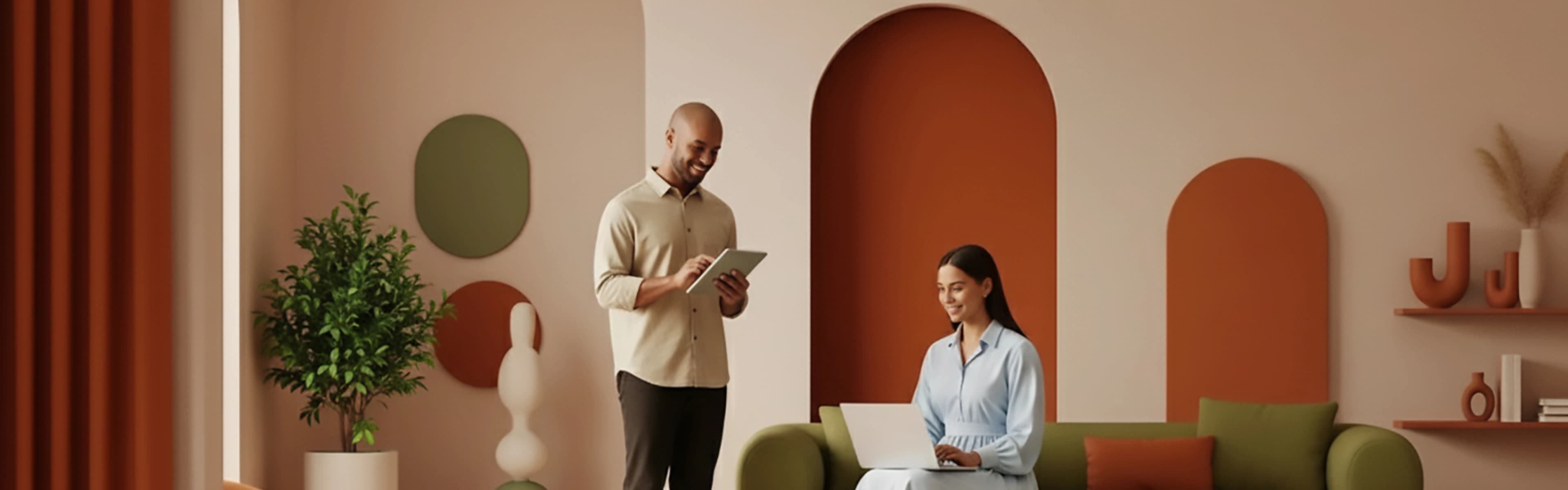 Couple using tablet and laptop in a cozy living room