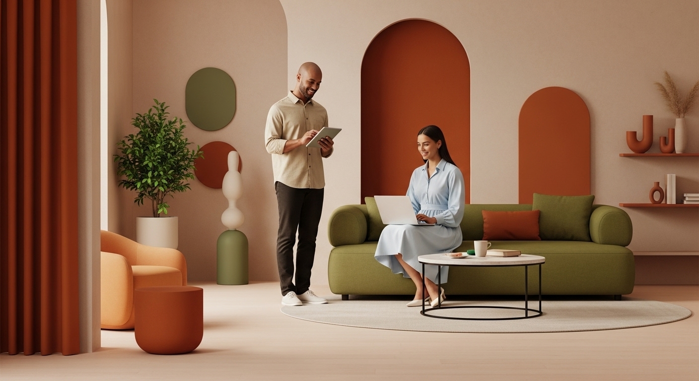 Couple using tablet and laptop in a cozy living room